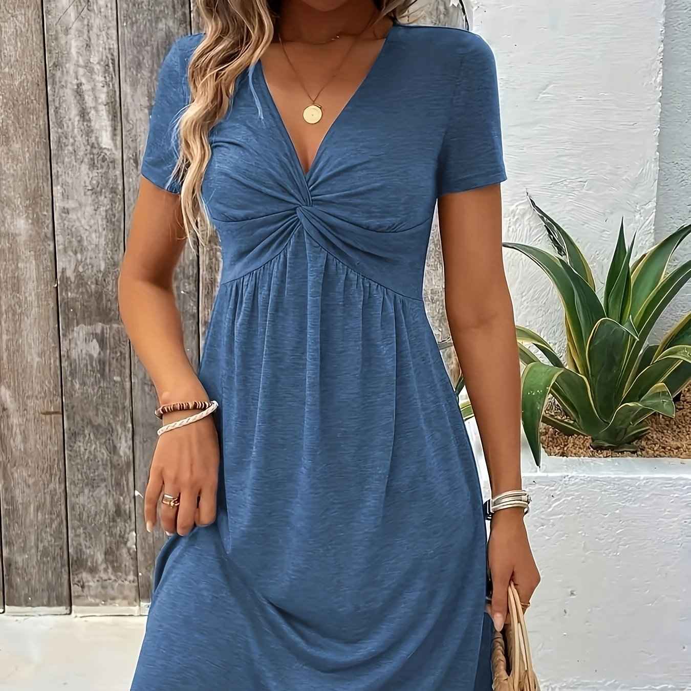 Elegant VNeck Twist Pencil Dress  KneeLength Midi