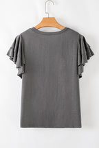 Dark Grey Ruffle Sleeve Plain Blouse