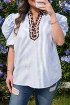 Sky Blue Stripe Plus Size Leopard Patchwork Collar Short Bubble Sleeve Blouse