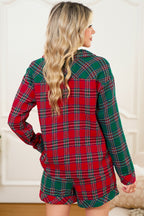 Green Plaid Christmas Holiday Patchwork Long Sleeve Shirt and Shorts Pajama Set