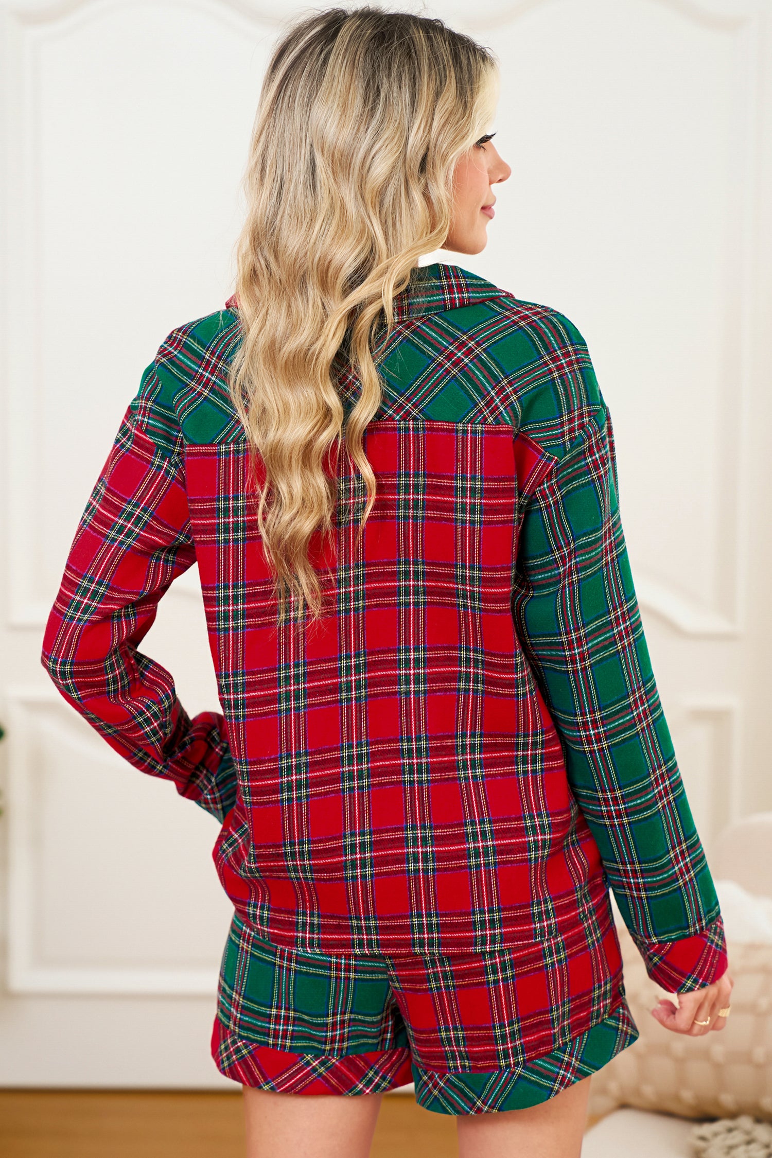 Green Plaid Christmas Holiday Patchwork Long Sleeve Shirt and Shorts Pajama Set