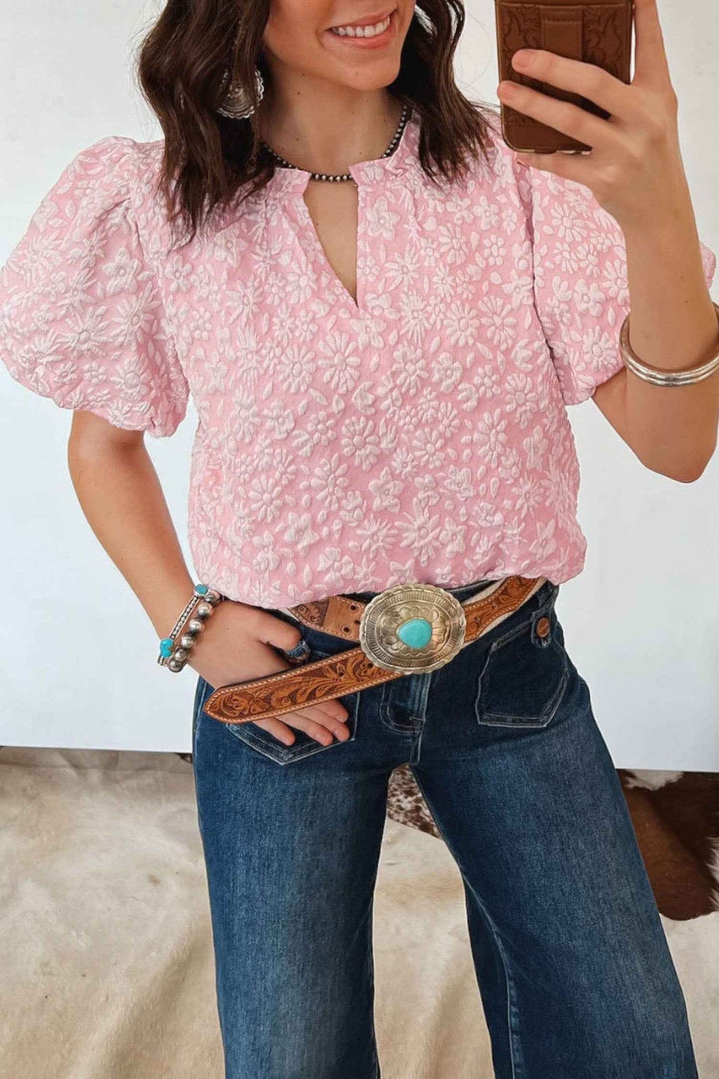 Apricot Pink Floral Textured Jacquard Puff Sleeve Blouse