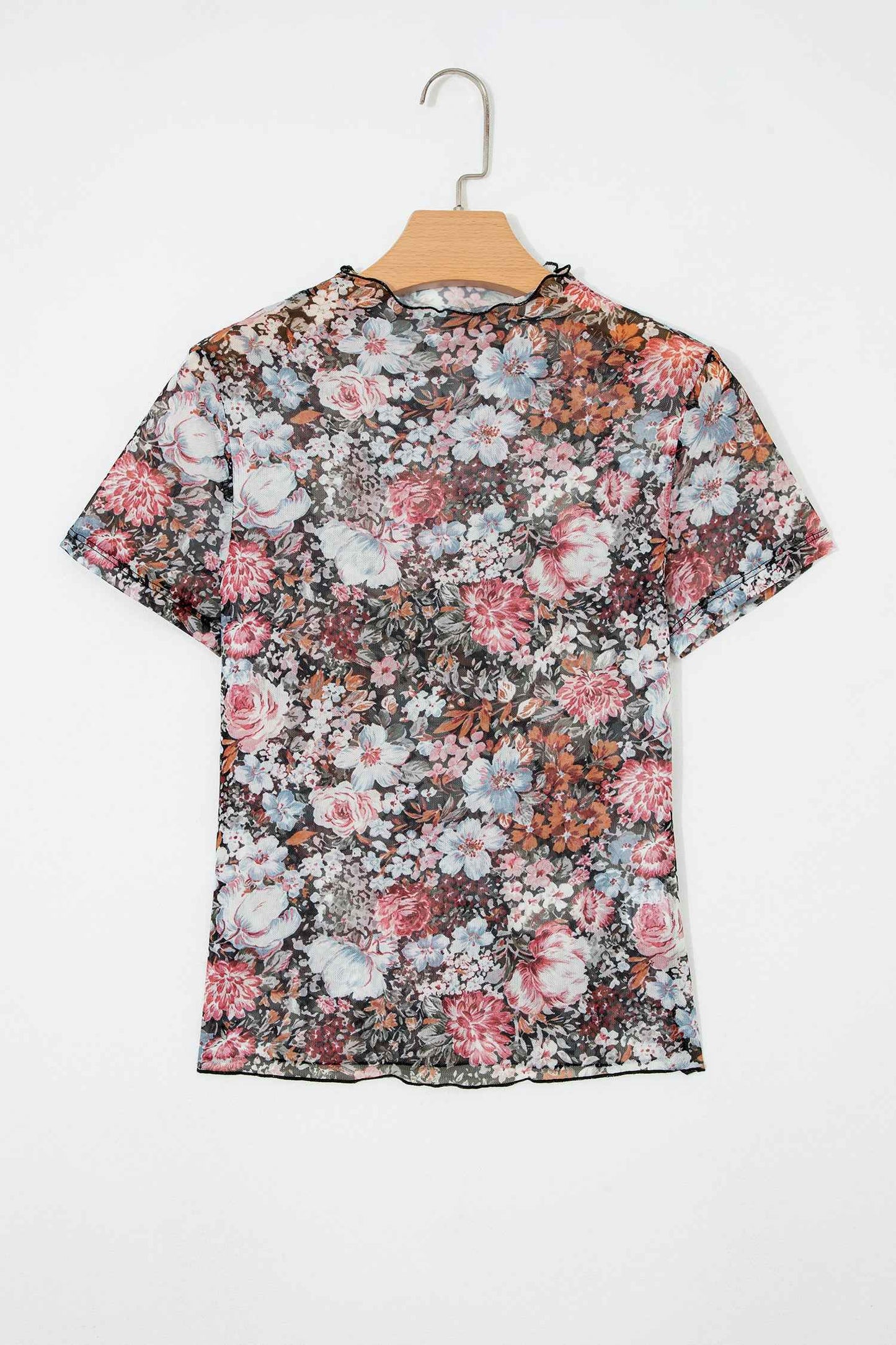 Brown Floral Printed Mesh Short Sleeve Top
