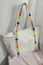 White Canvas Tote Bag with Embroidered Floral Strap Detail