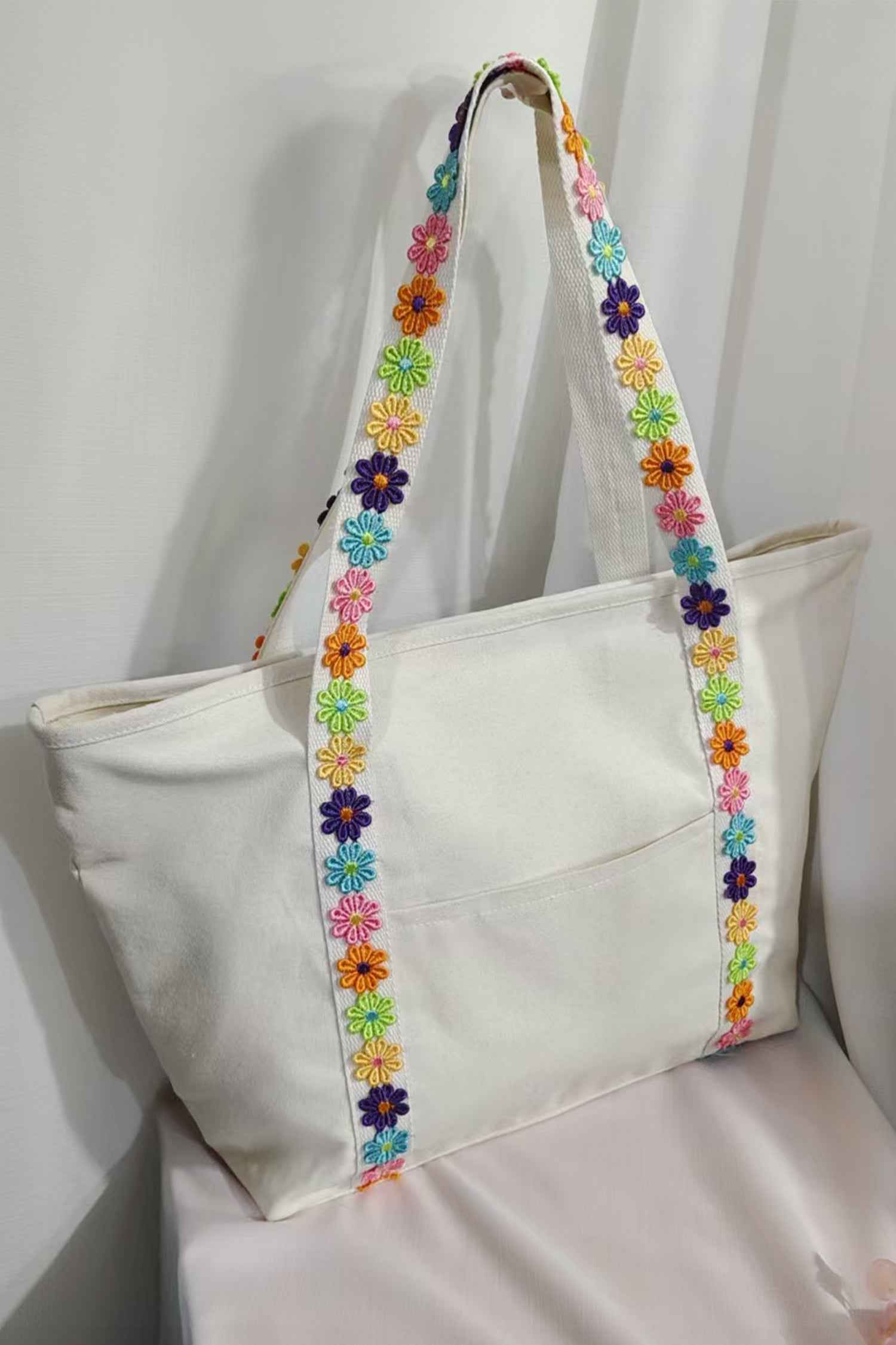 White Canvas Tote Bag with Embroidered Floral Strap Detail