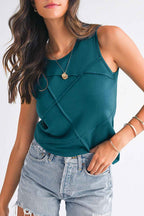 Blue Sapphire Solid Color Stitching Detail Round Neck Tank Top