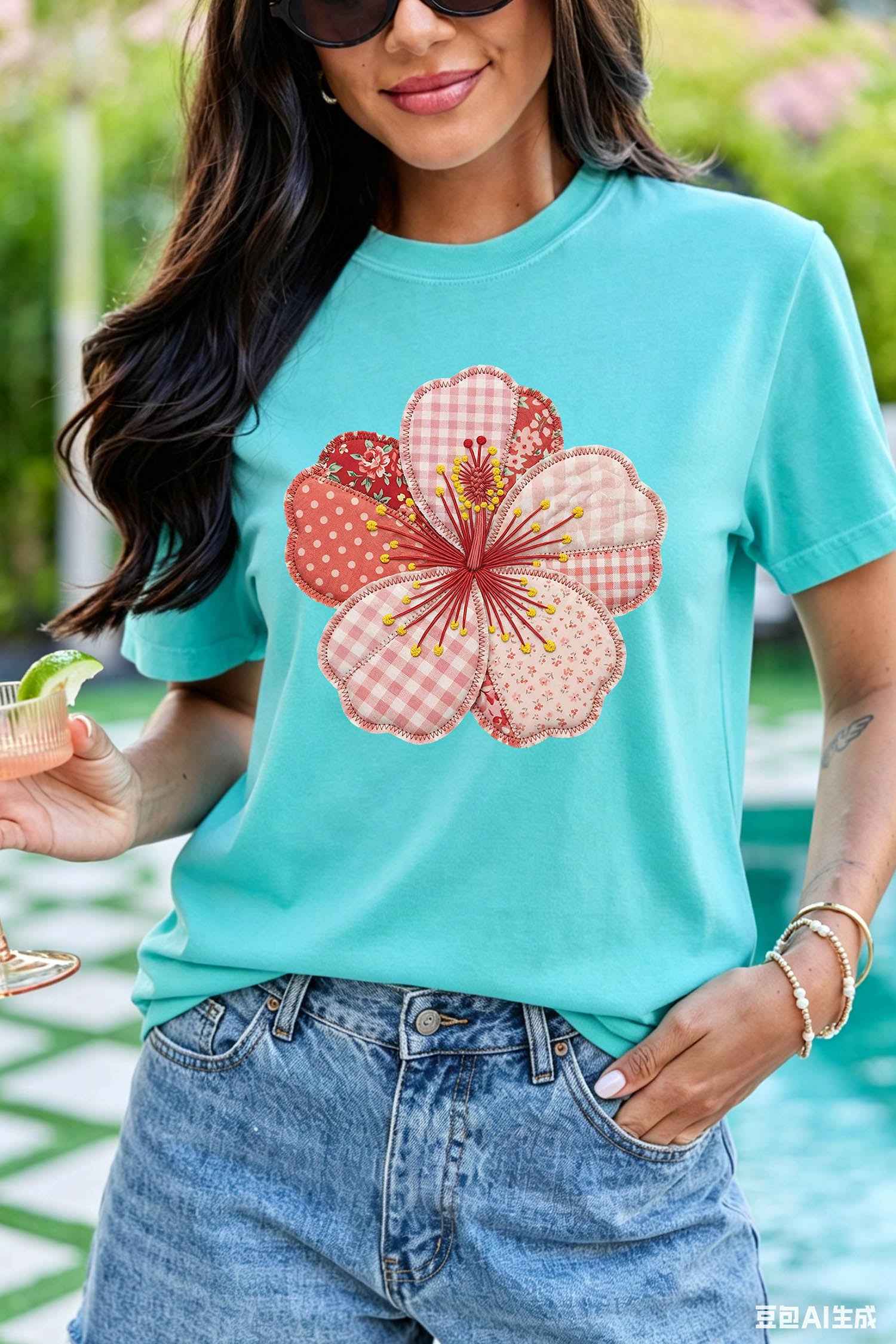 Mint Green Patchwork Floral Printed Beach Vacation Casual Tee
