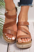 Chestnut Hollow Out Velcro Leather Wedge Sandals