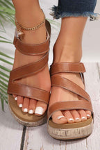 Chestnut Hollow Out Velcro Leather Wedge Sandals