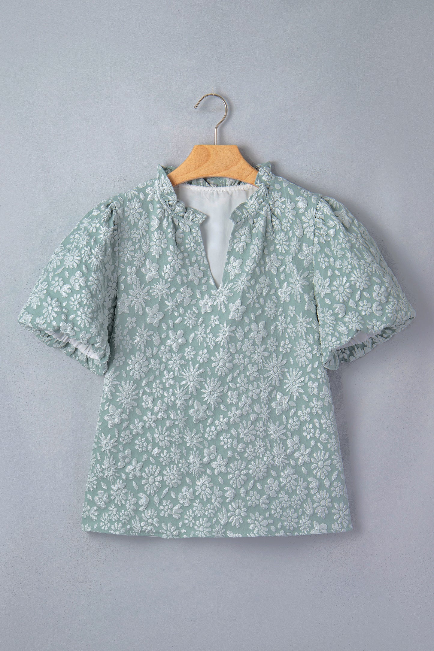 Apricot Pink Floral Textured Jacquard Puff Sleeve Blouse
