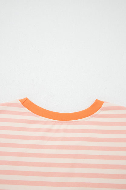 Yellow Stripe Contrast Neck Loose Tee and Drawstring Shorts Set