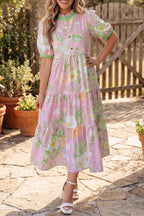 Pink Floral Print Short Puff Sleeve High Waist Tiered Maxi Dress