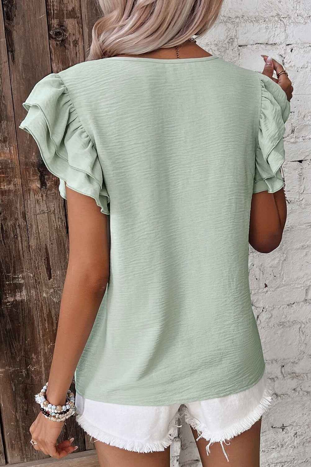 Clearly Aqua Solid Color Ruffle Sleeve Crinkled Blouse