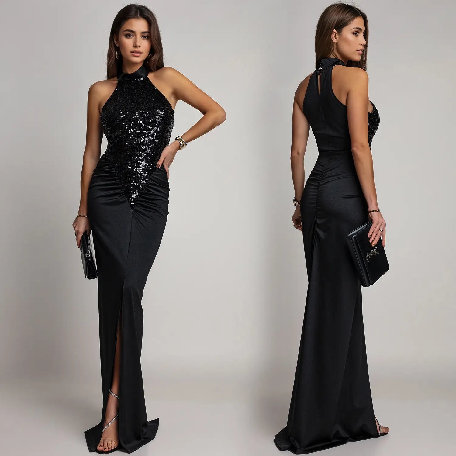 Fashion women’s sexy fitted sequin velvet split dress