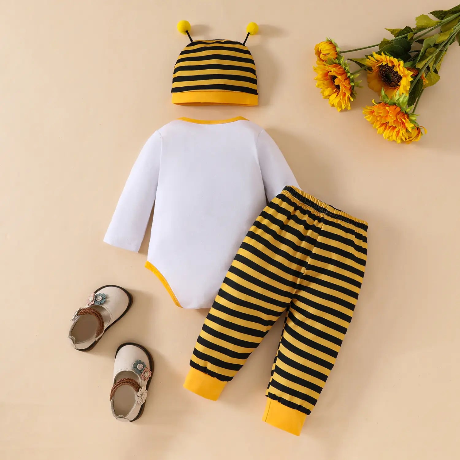 Cute baby boy baby girl little bee pattern long sleeved triangular khaki striped pants + tentacle hat set