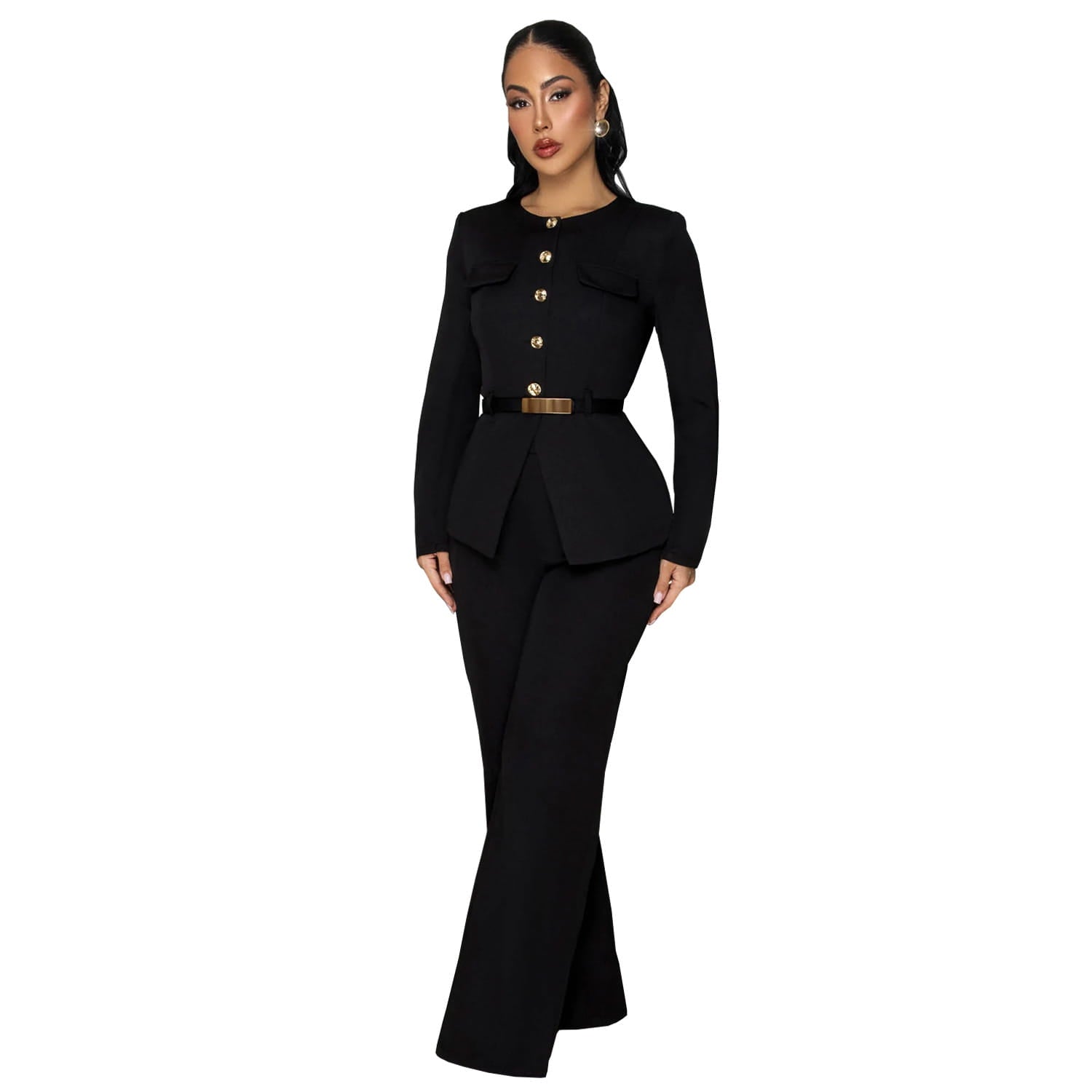 Fashionable women’s slimming belted top and pants set