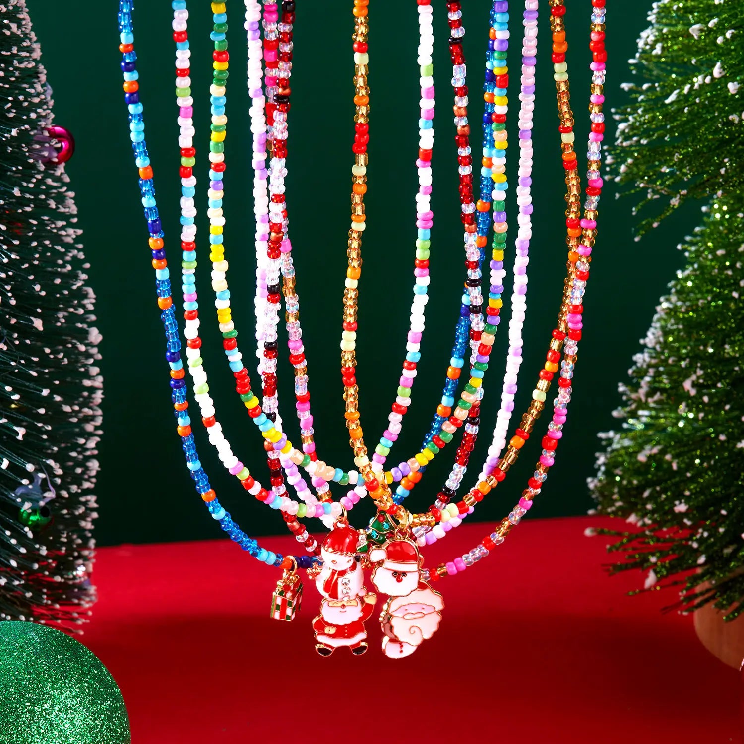 Christmas cartoon santa bell snowman snowflake pendant colorful seed bead necklace for women