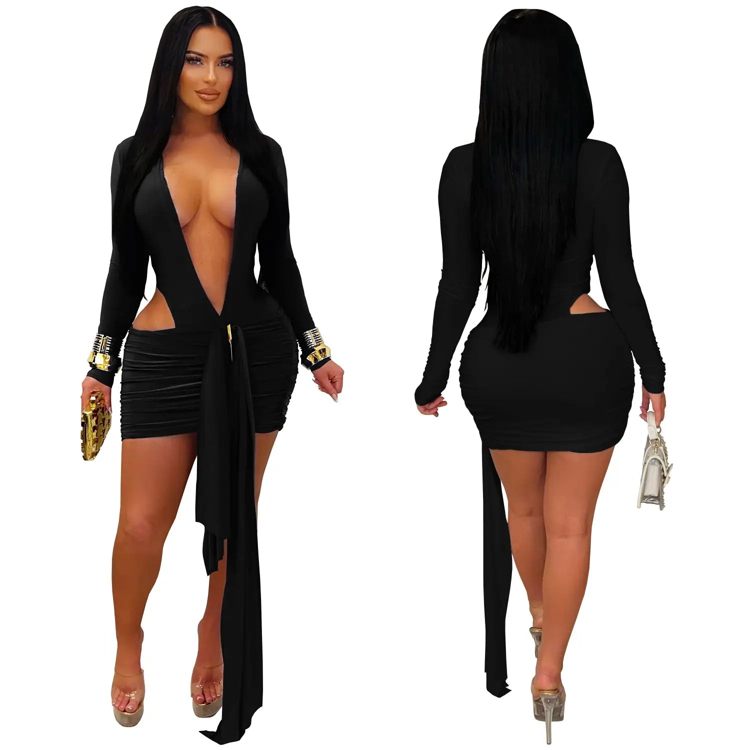 Fashion Women's Sexy Deep V Neck Solid Color Ribbon Dress Mini Dress
