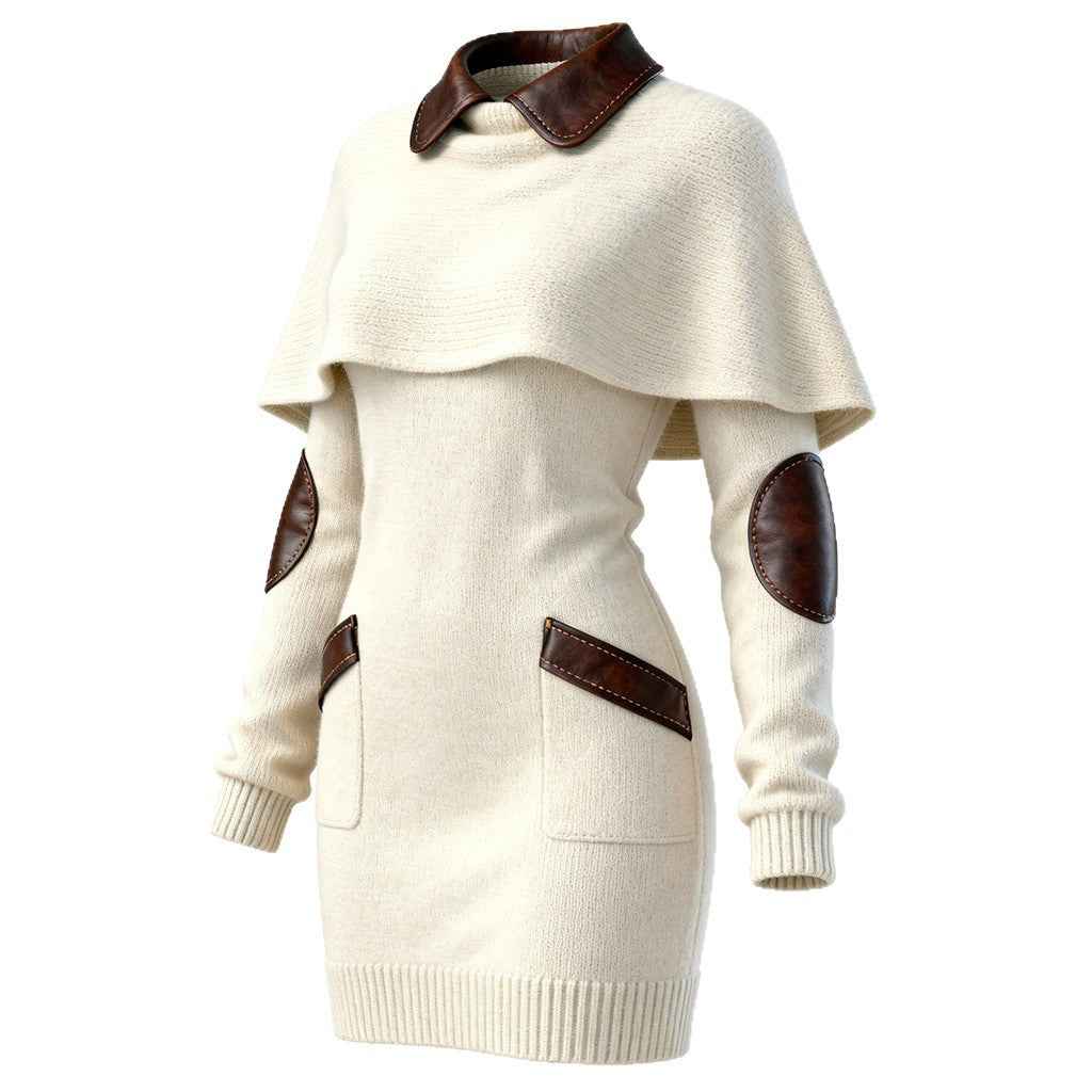 Elegant Beige Knitted Shawl Dress for Women Spring and Autumn