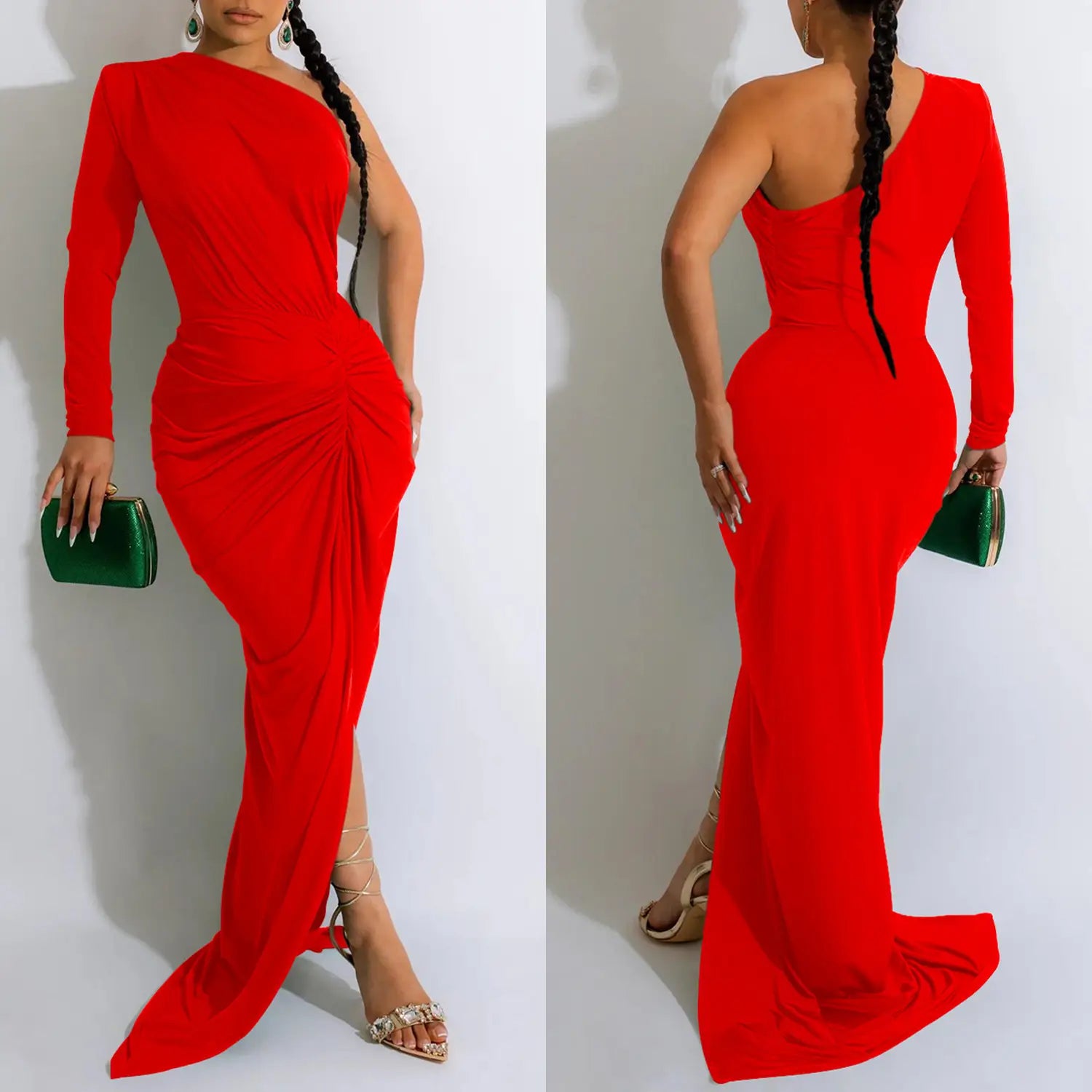 Fashion women’s solid color asymmetrical neck single long sleeve long dress with pleats