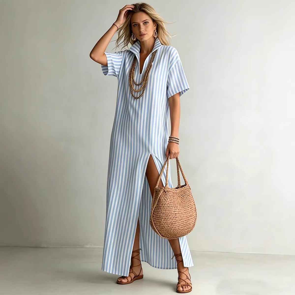 V-neck short sleeved striped split cotton linen dress