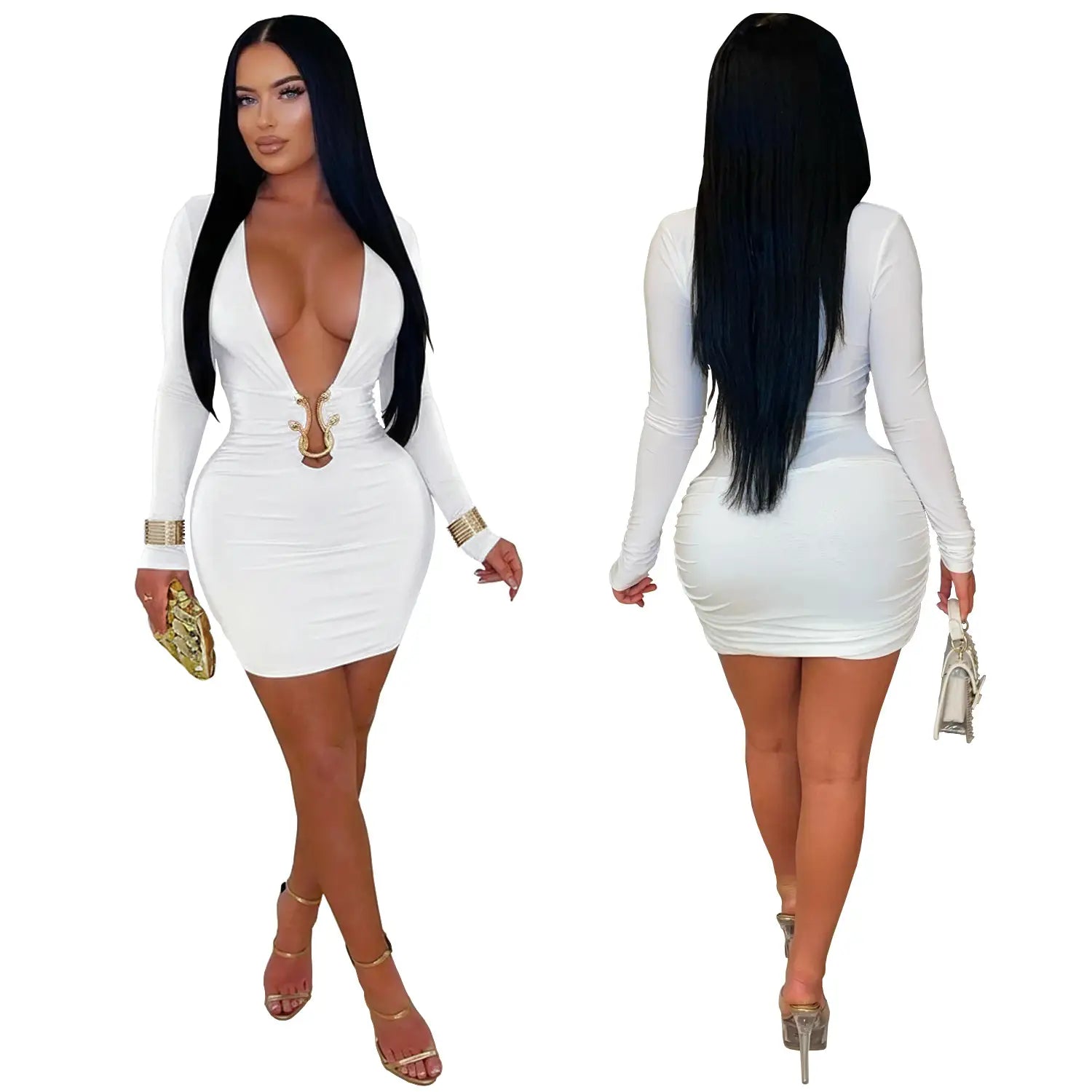 Fashionable women’s sexy deep v-neck bodycon dress with snake pattern accessories