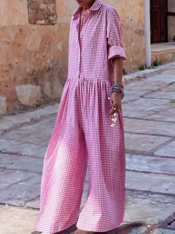 Fashion style plaid shirt collar long sleeve jumpsuit