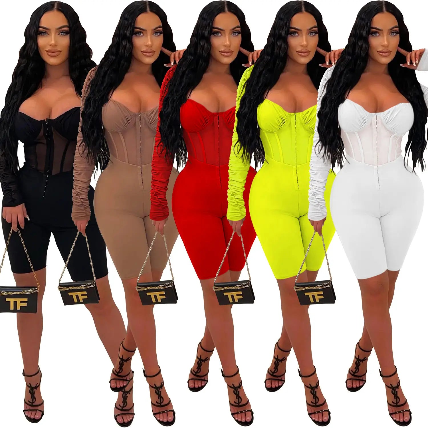 Fashion women’s solid color long sleeve short pants mesh sheer jumpsuit