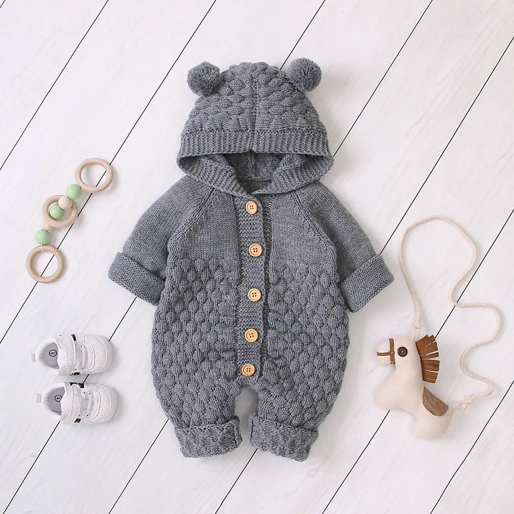 Children’s three-dimensional fur ball hooded solid color knitted jumpsuit