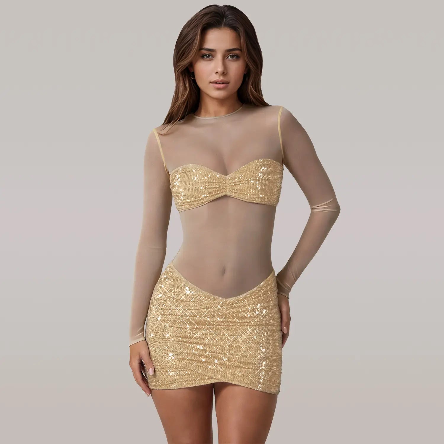 Fashion women’s sexy sheer mesh rhinestone dress mini skirt