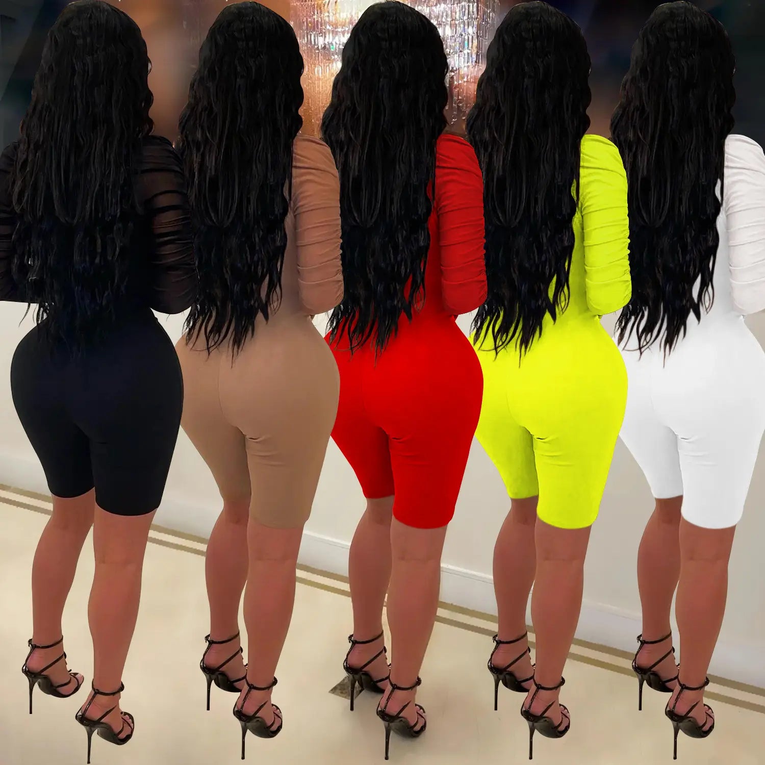 Fashion women’s solid color long sleeve short pants mesh sheer jumpsuit