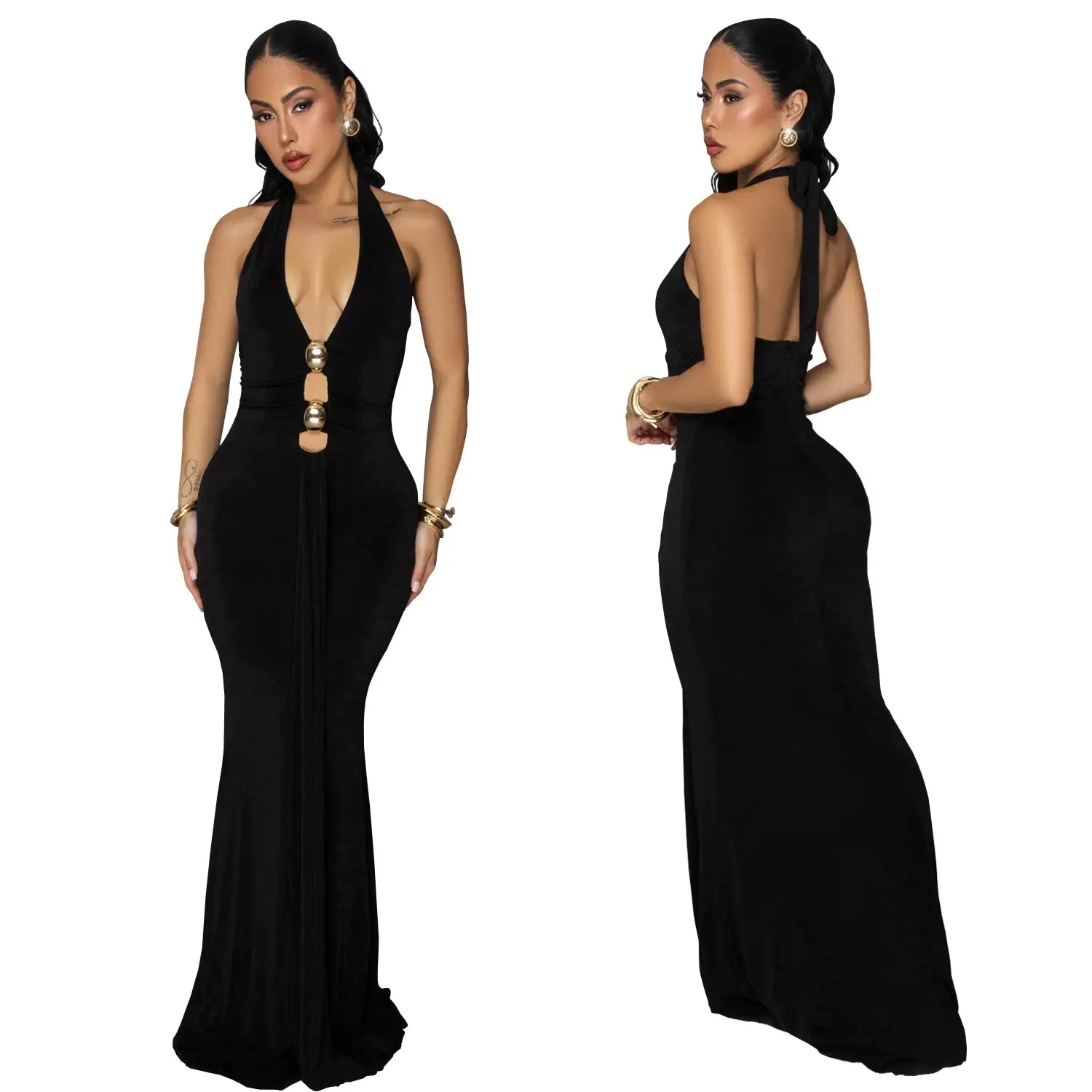 Fashion women’s sexy backless halter deep v neck solid color dress