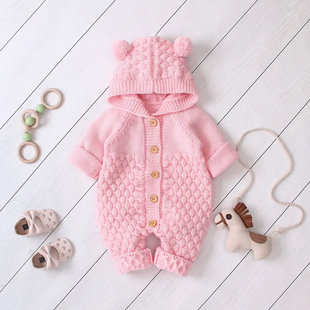 Children’s three-dimensional fur ball hooded solid color knitted jumpsuit