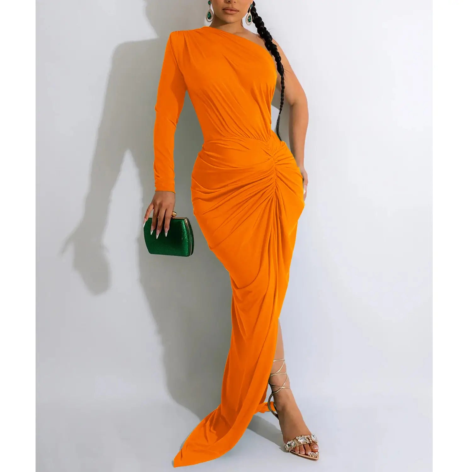 Fashion women’s solid color asymmetrical neck single long sleeve long dress with pleats
