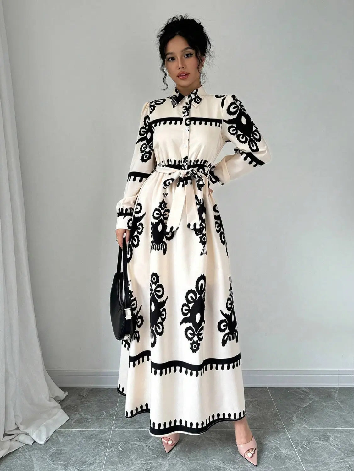 Style printed tie-up long dress with a-line silhouette