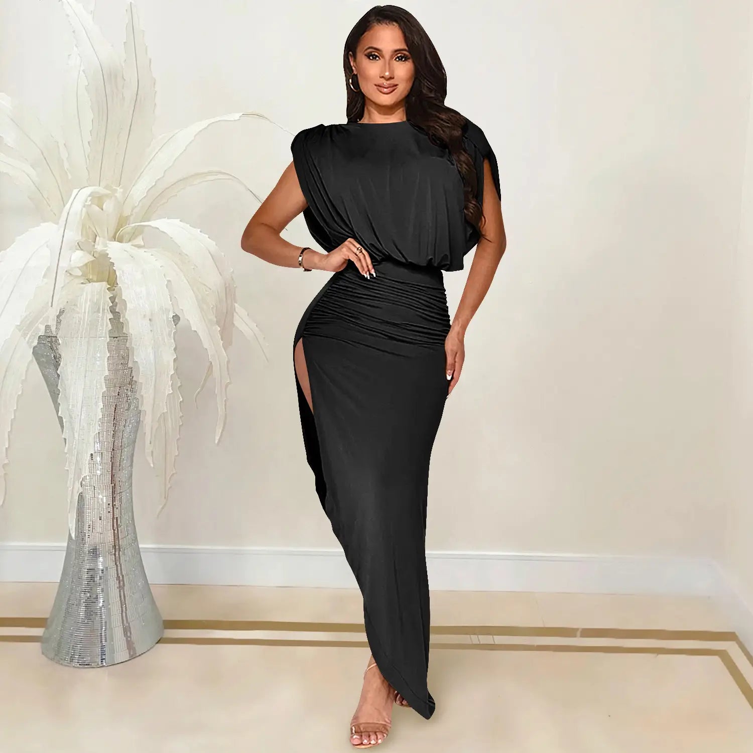 Fashion solid color women’s round neck sleeveless pleated asymmetrical slit long dress