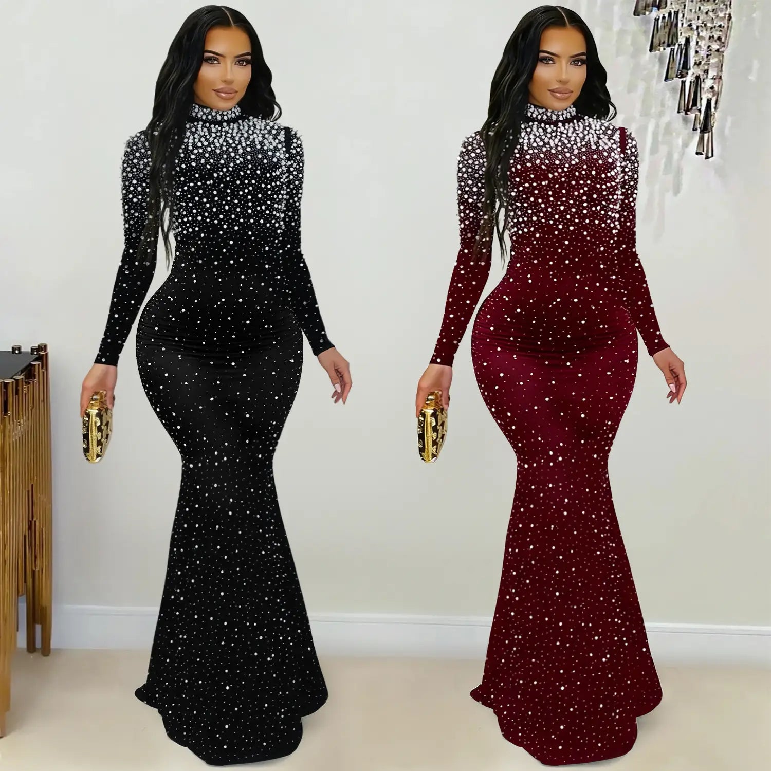 Elegant high neck rhinestone beaded bodycon dress for women fashion