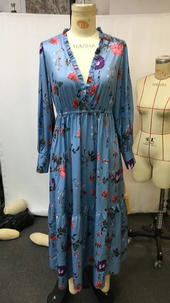Style Autumn Vintage Floral V-Neck Long Sleeve Long Dress Country Cottage Vintage Dress