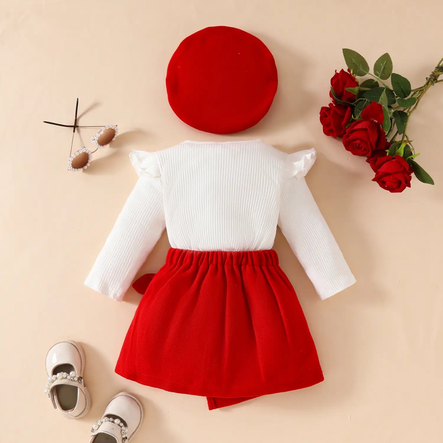 Fashion step girl big bow beret long sleeve top with velvet half skirt autumn/winter 3-piece set