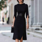 Elegant 3/4 Sleeve Split Midi Dress with Belt - Shein Style Fashion