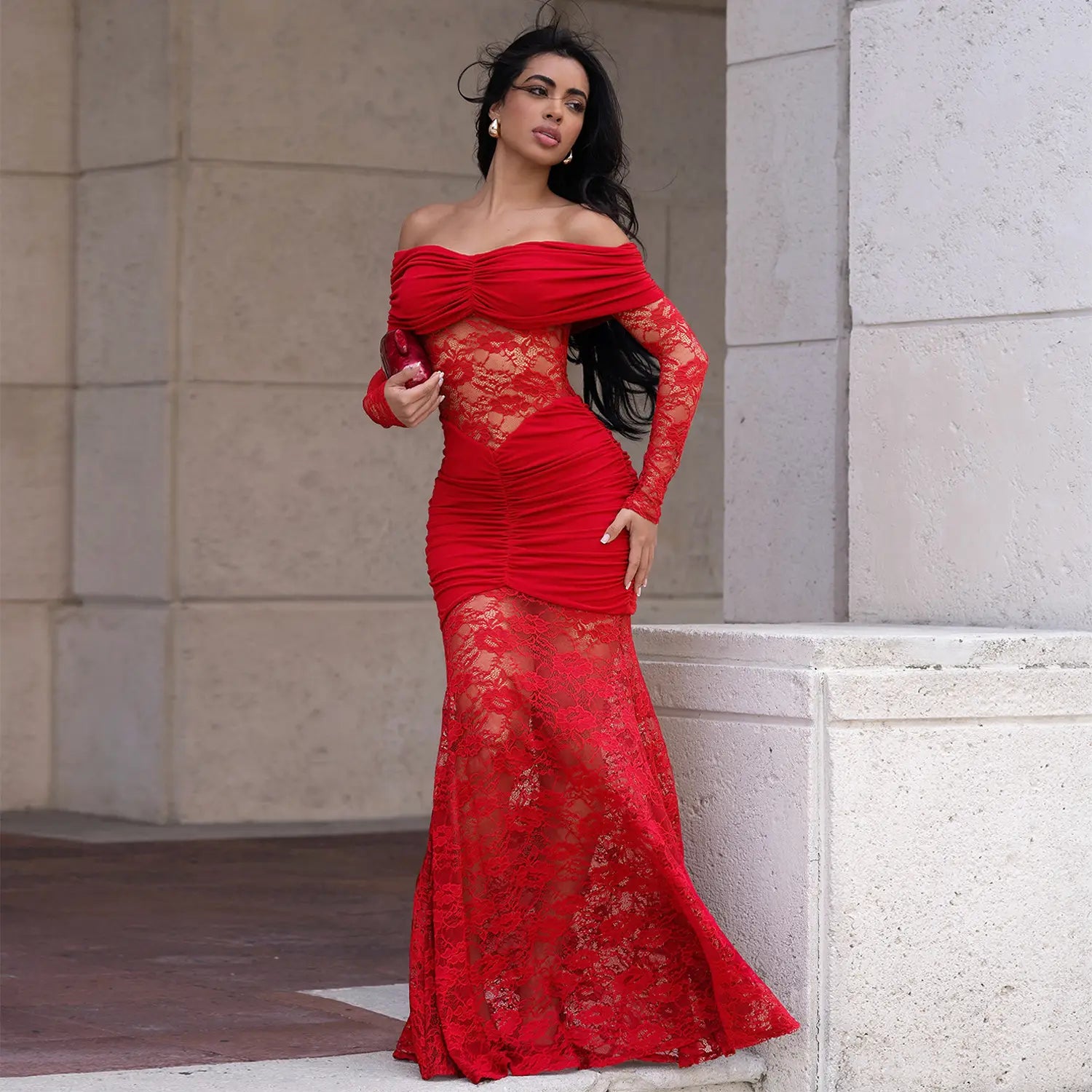 Fashion Women's Sexy One-Shoulder Lace Bodycon Dress
