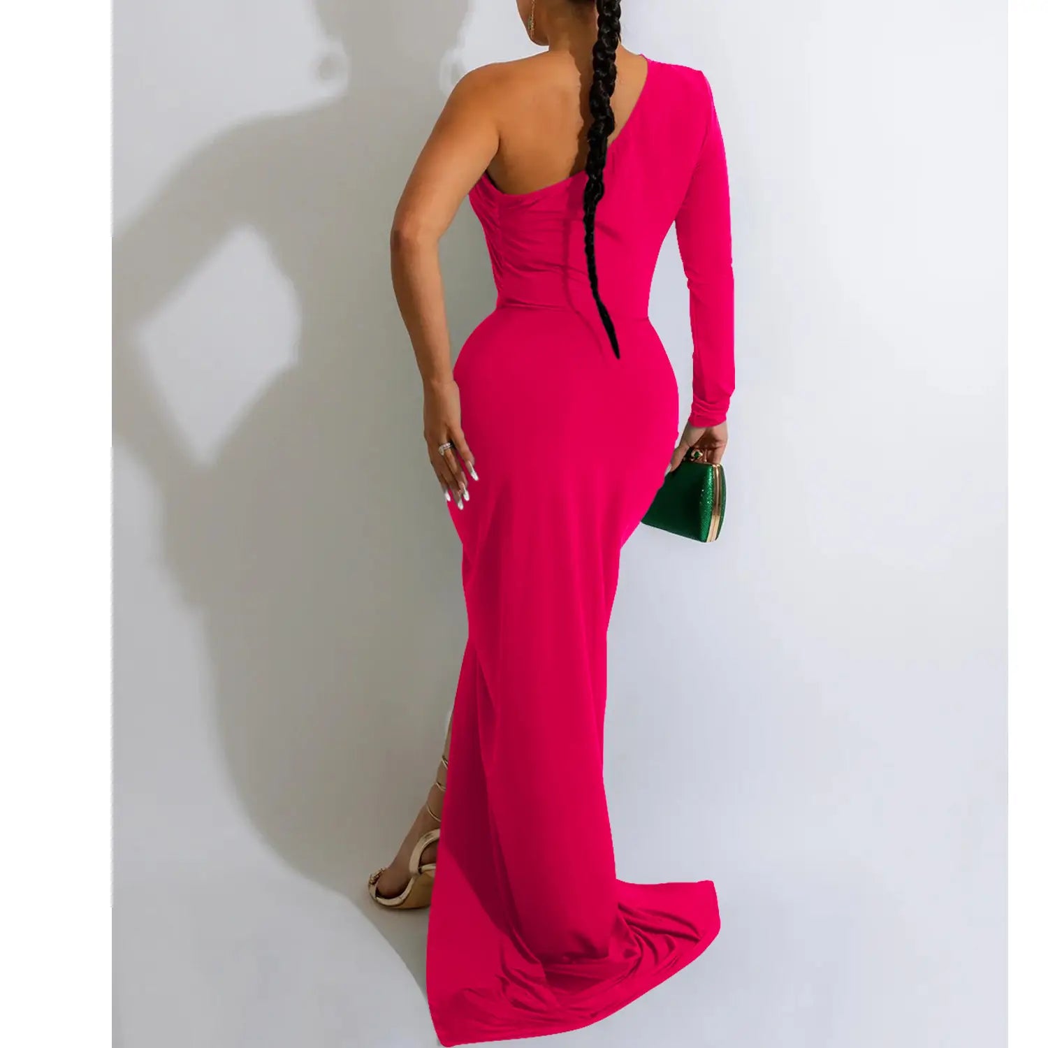 Fashion women’s solid color asymmetrical neck single long sleeve long dress with pleats