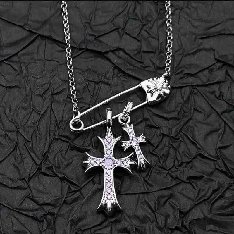 925 silver plated white gold rhinestone pin double cross pendant necklace for men and women european and american style