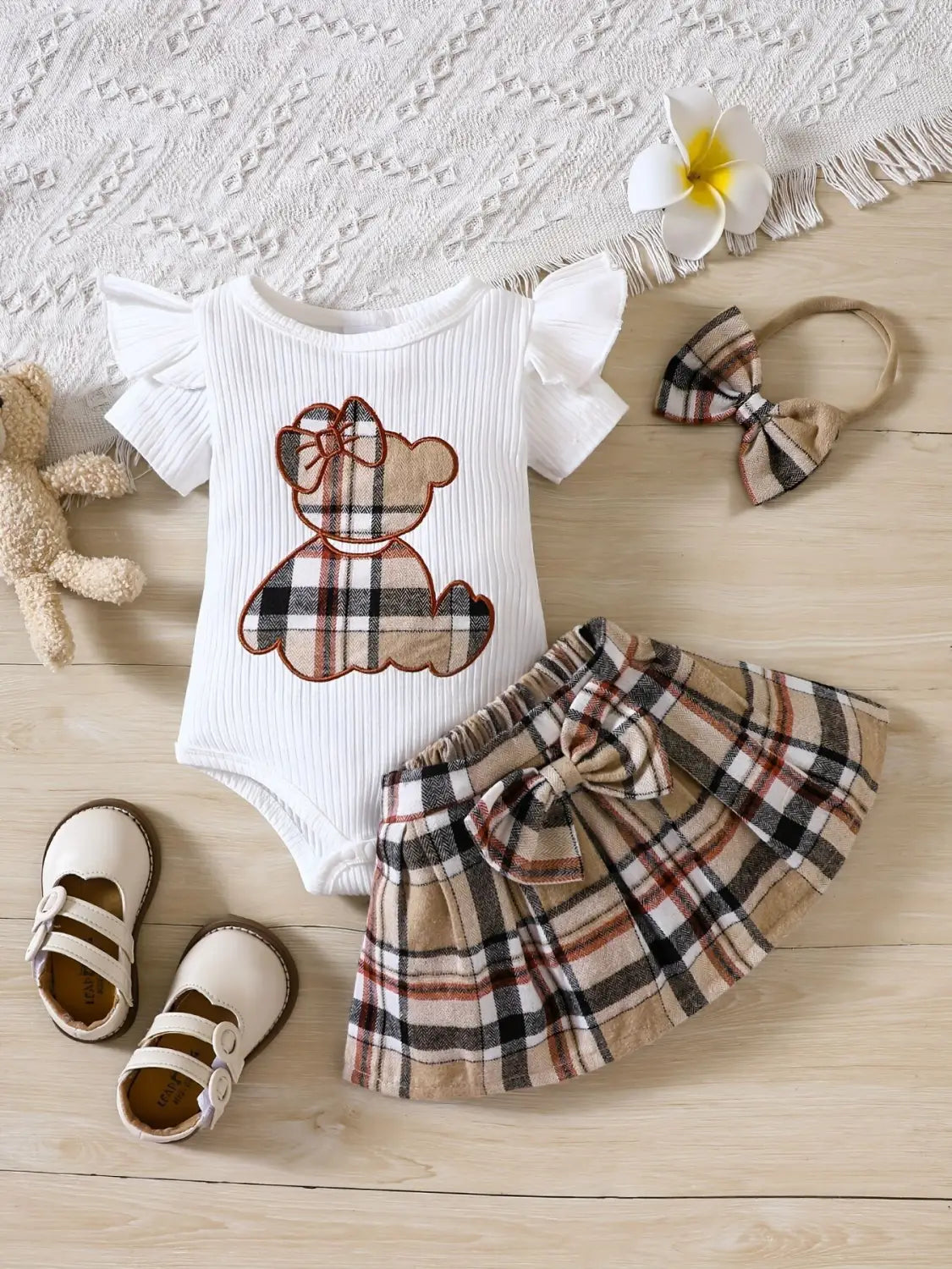 Newborn baby girl summer style teddy bear sticker embroidery bag fart triangle ha clothes plaid butterfly