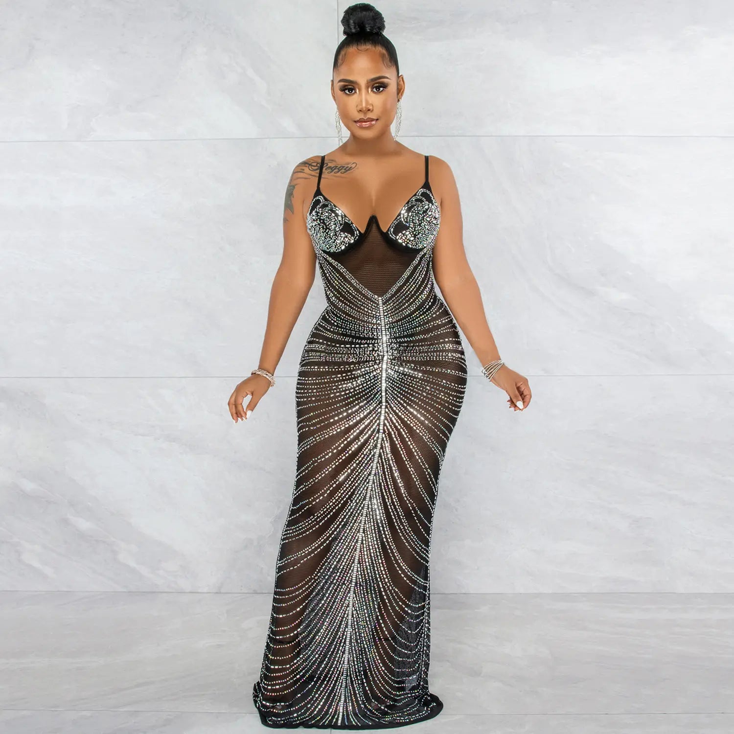 Fashion sexy beaded strapless sheer mesh long dress