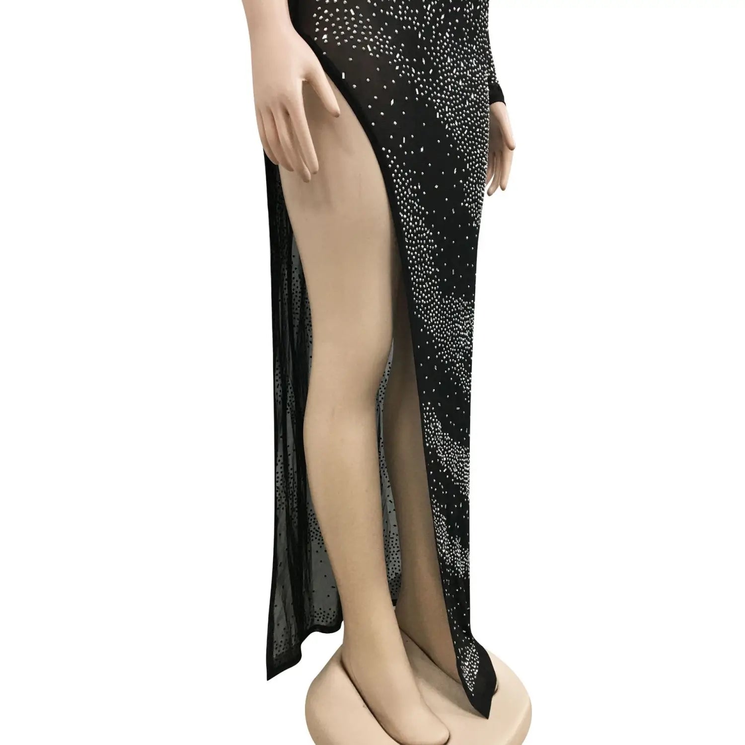 Fashion sexy nightclub rhinestone single long sleeve irregular slit maxi dress