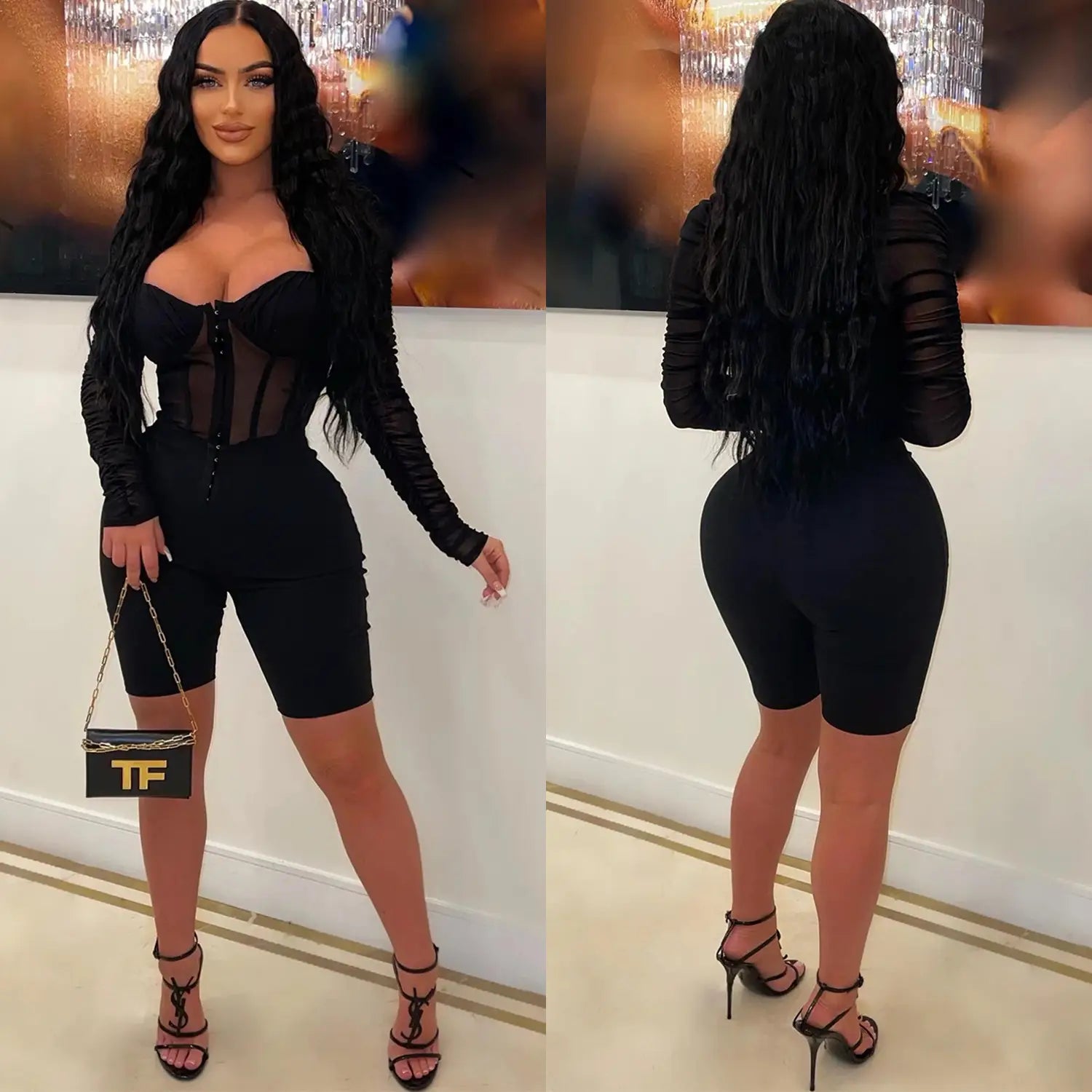 Fashion women’s solid color long sleeve short pants mesh sheer jumpsuit