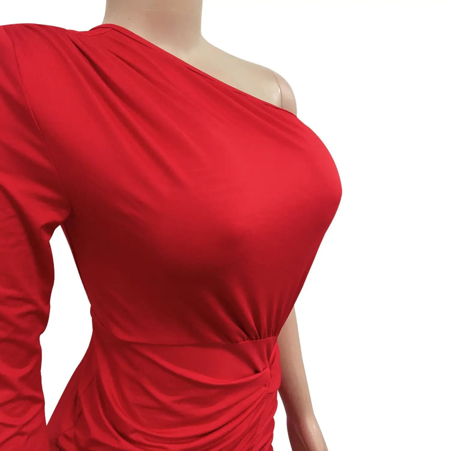 Fashion women’s solid color asymmetrical neck single long sleeve long dress with pleats