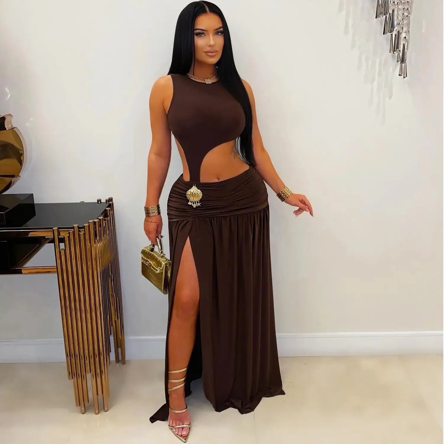 Fashion women’s sexy solid color sleeveless crop open fork dress