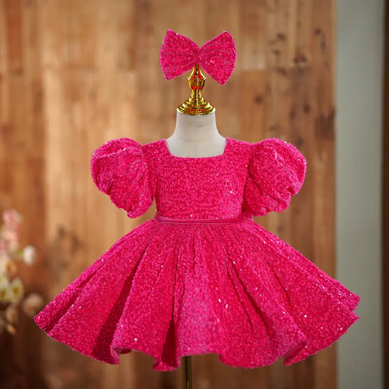 Rose red girls’ dress birthday party princess runway piano performance costume flower girl short skirt